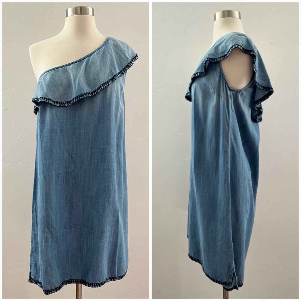 Cloth & Stone Dress Medium Blue Chambray One Shoulder Ruffle Resortwear Coastal
